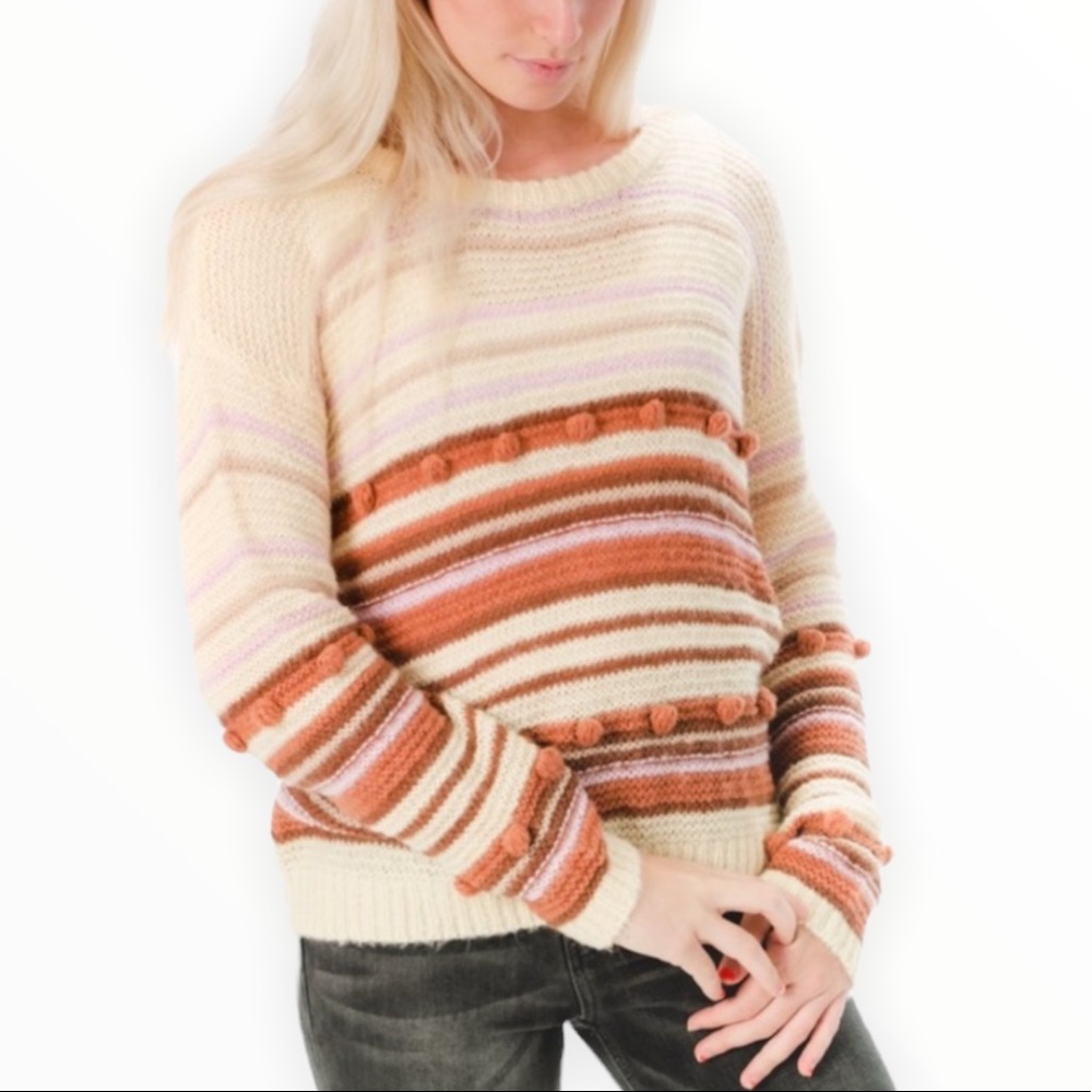 Anthropologie Heartloom Ivory Orange Pink Striped Pom Pom Sweater Size Medium